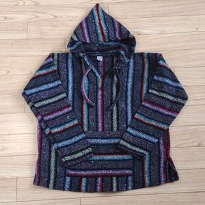 Art Maz Black and Multicolor Striped Baja Hoodie Poncho Size Medium